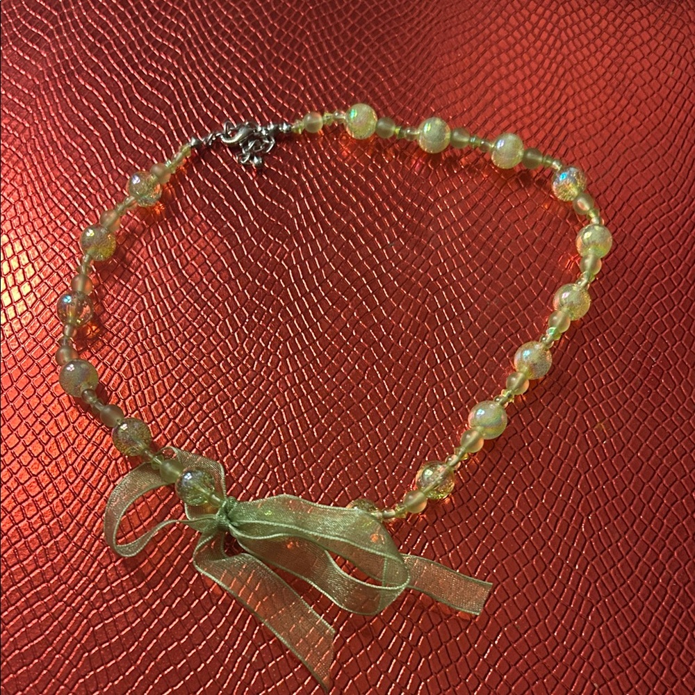 Green Beaded Necklace with Ribbon Accent